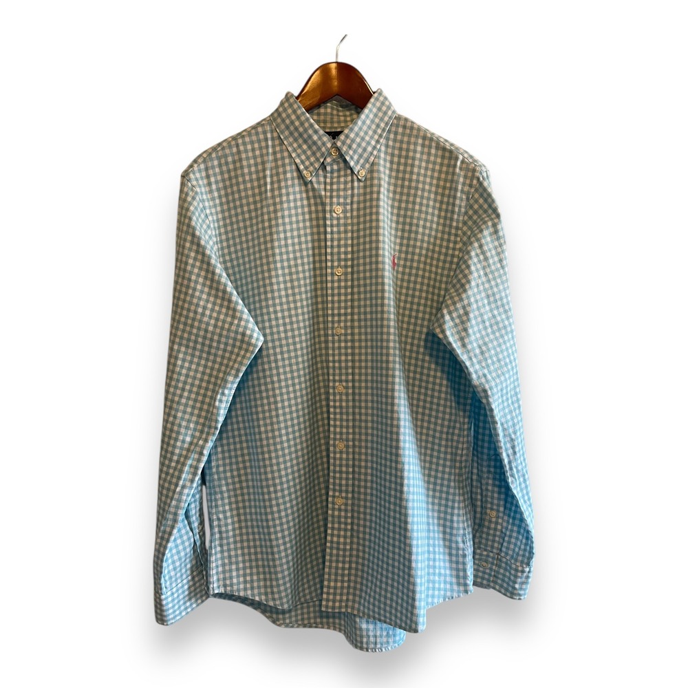 Ralph Lauren Mens Custom Fit Gingham Oxford Shirt Blue White Pink Pony M